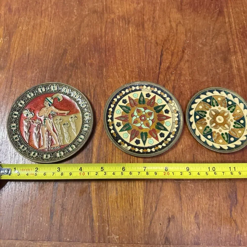 Vintage Greek Enamel Solid Brass Wall Plaques Handmade Greece Set of 3